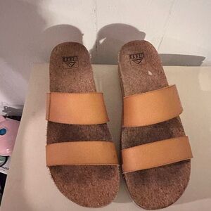 Tan Double-Strap Cork Slide Sandals